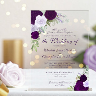 Elegant Purple Watercolor Floral Formal Wedding Acrylic Invitations
