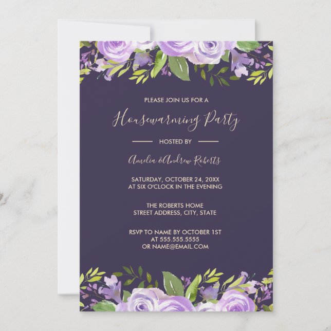 Elegant Purple Watercolor Floral Housewarming Invitation (Front)