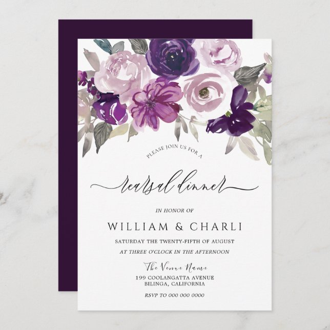 Elegant Purple Watercolor Floral Rehearsal Dinner Invitation (Front/Back)