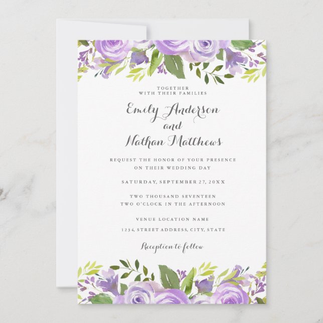 Elegant Purple Watercolor Floral Rose Wedding Invitation (Front)