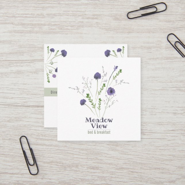 Elegant Purple Watercolor Floral Square Business Card (Front/Back In Situ)