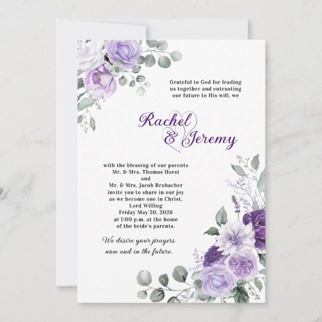 Elegant Purple Watercolor Floral Wedding Invitation (Front)