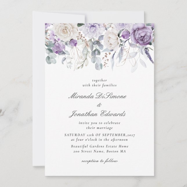 Elegant Purple Watercolor Floral Wedding Invitation (Front)