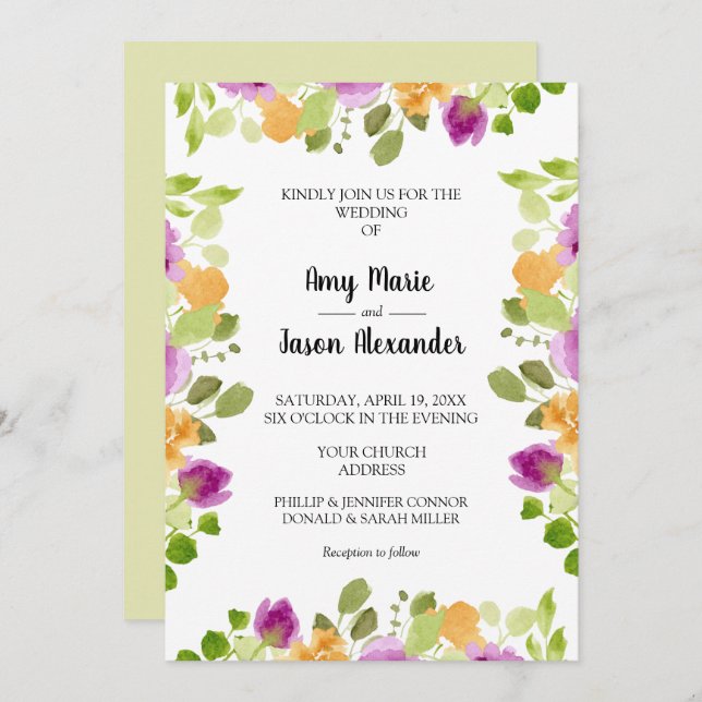 Elegant Purple Watercolor Floral Wedding Invitation (Front/Back)