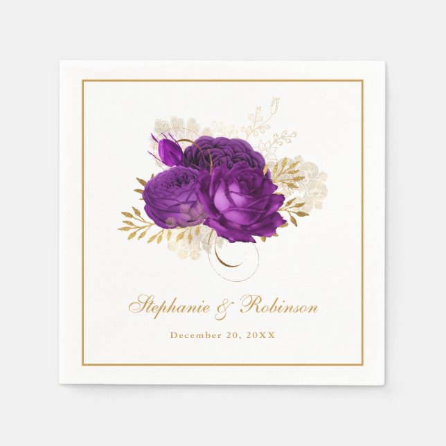 Elegant Purple Watercolor Floral Wedding Paper Napkin (Front)