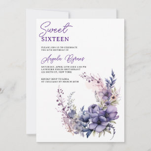 Elegant Purple Watercolor Floral Wreath Sweet 16  Invitation