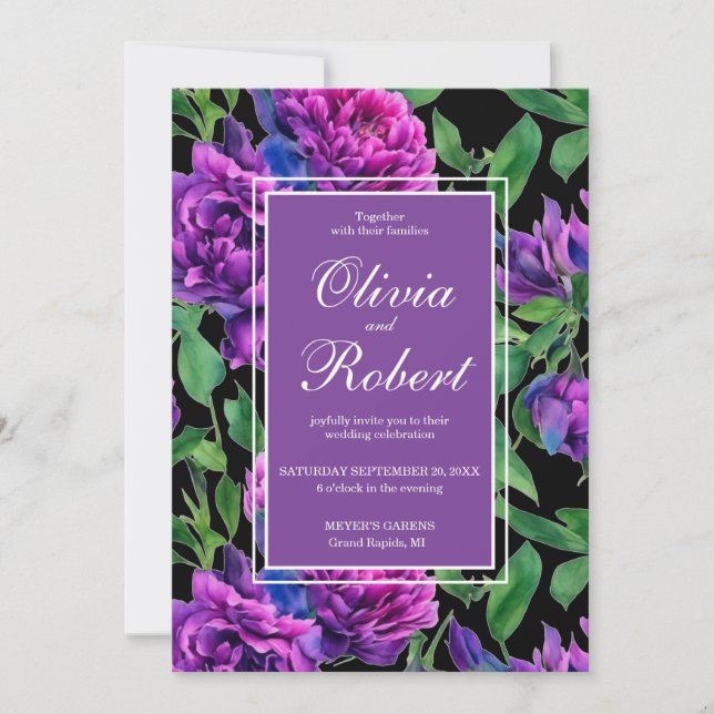 Elegant purple watercolor florals flower wedding invitation (Front)
