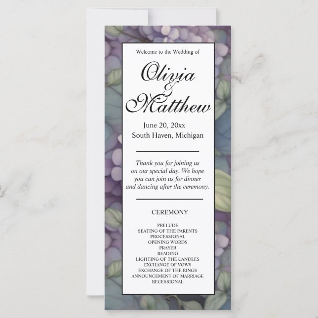 Elegant purple watercolor florals wedding program (Front)