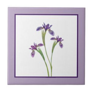 Elegant Purple Watercolor Iris Flowers Botanical Ceramic Tile