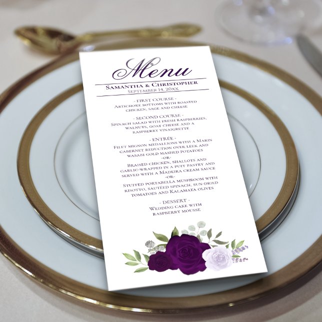 Elegant Purple Watercolor Roses Boho Chic Wedding Menu (Creator Uploaded)