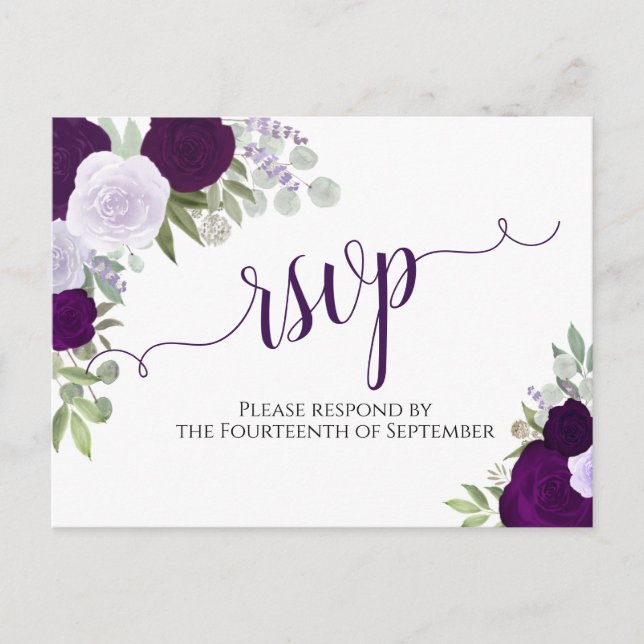 Elegant Purple Watercolor Roses Wedding RSVP Postcard (Front)