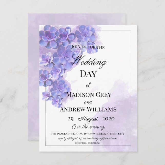 Elegant Purple Watercolor Succulents Wedding Invitation (Front/Back)
