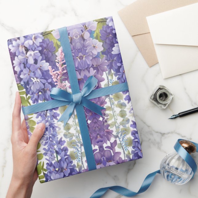 Elegant purple watercolor wisteria blue floral  wrapping paper (Gifting)
