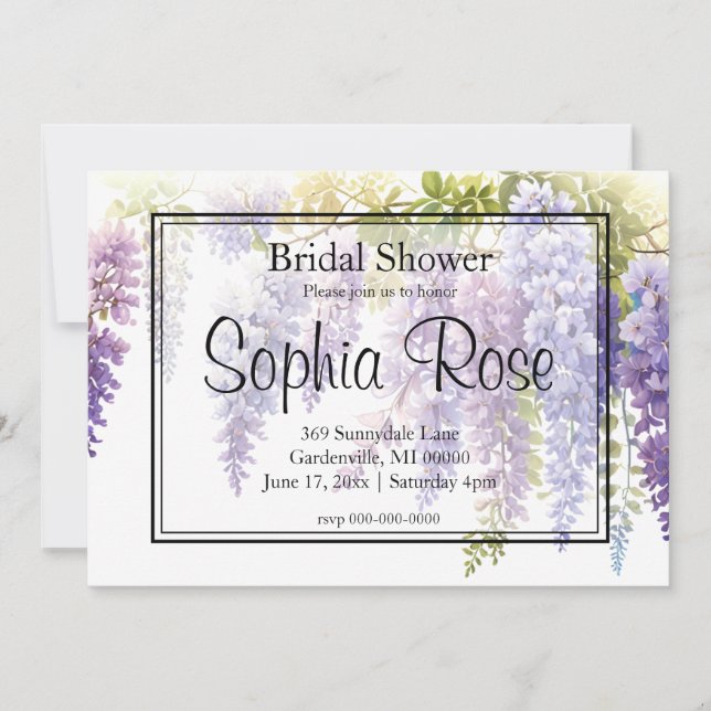 Elegant purple watercolor wisteria bridal shower invitation (Front)