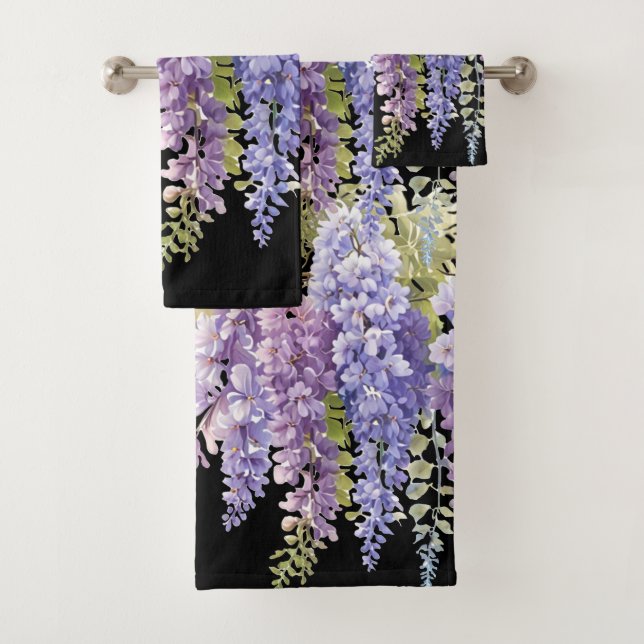 Elegant purple watercolor wisteria floral  bath towel set (Insitu)