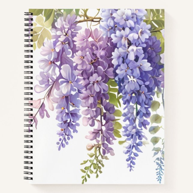 Elegant purple watercolor wisteria floral  notebook (Front)
