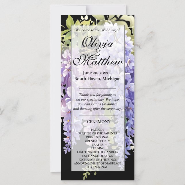 Elegant purple watercolor wisteria wedding program (Front)