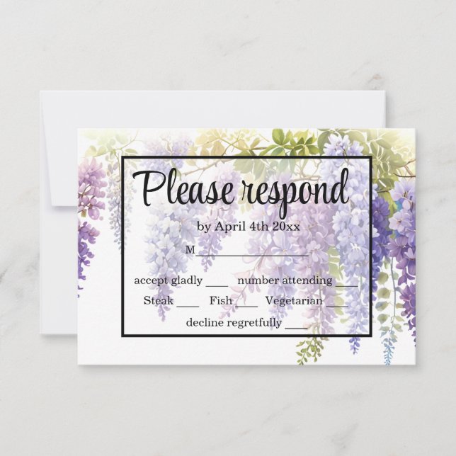Elegant purple watercolor wisteria wedding  RSVP card (Front)