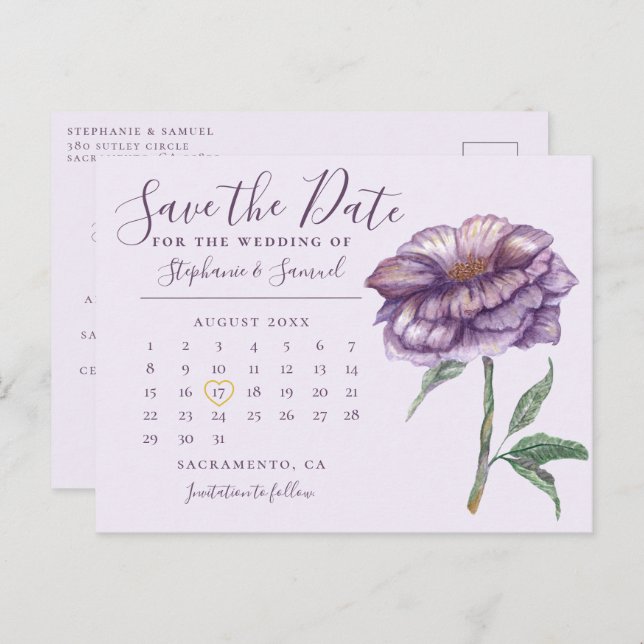 Elegant Purple Wedding Calendar Save the Date Postcard (Front/Back)