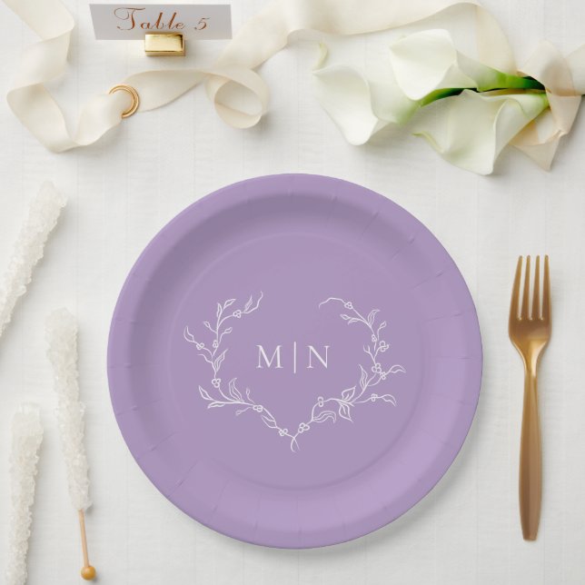 Elegant Purple Wedding Monogram Wreath Paper Plate (Wedding)
