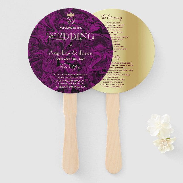 Elegant Purple Wedding Program Hand Fan (Front and Back)