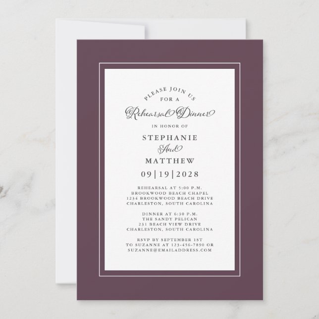 Elegant Purple Wedding Rehearsal Dinner Invitation (Front)