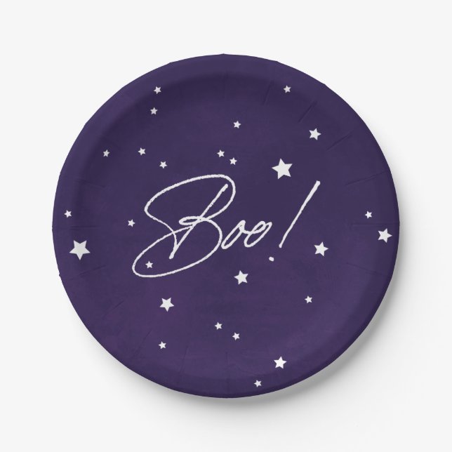 Elegant Purple/White Boo! Halloween Party Paper Plate (Front)