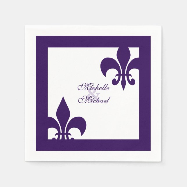 Elegant Purple White Fleur de Lis Wedding Napkin (Front)