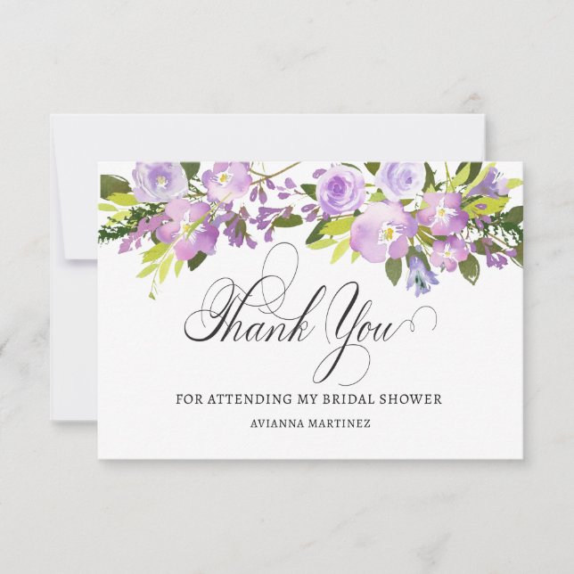 Elegant Purple White Floral Bridal Shower Flat Thank You Card (Front)
