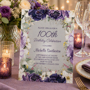 Elegant Purple White Floral Glitter 100th Birthday Invitation
