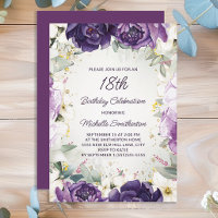 Elegant Purple White Floral Glitter 18th Birthday