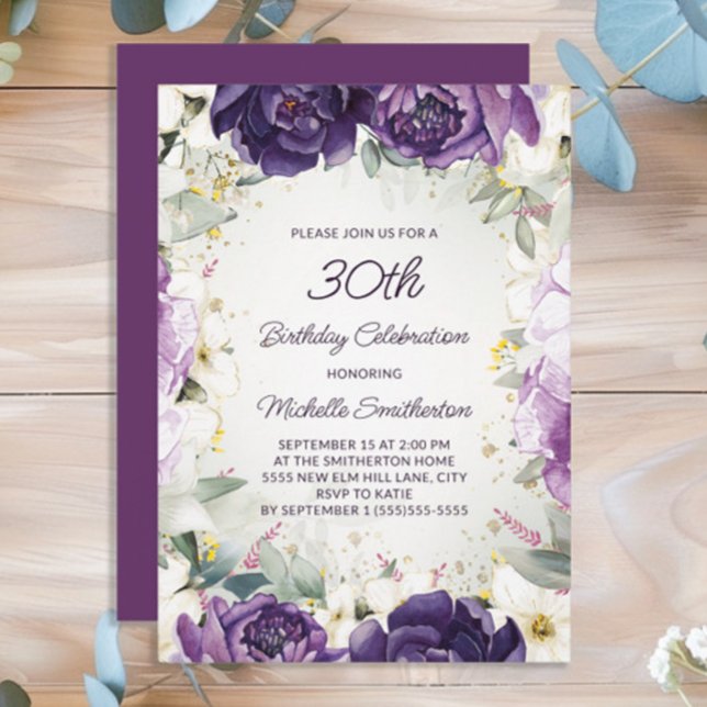 Elegant Purple White Floral Glitter 30th Birthday Invitation (Purple floral women's 30th birthday party invitation)
