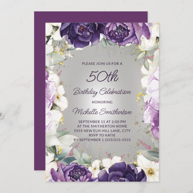 Elegant Purple White Floral Glitter 50th Birthday Invitation (Front/Back)
