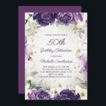 Elegant Purple White Floral Glitter 50th Birthday Invitation<br><div class="desc">Elegant 50th birthday party invitation for women with pretty white and purple hand-painted flowers and sage green leaves accented with gold glitter. Personalised with a name and all of your party information. Contact me for assistance with your customisations or to request additional matching Zazzle products for your party.</div>