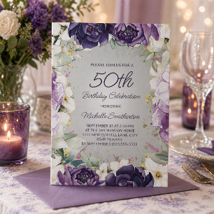 Elegant Purple White Floral Glitter 50th Birthday Invitation