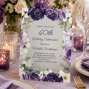 Elegant Purple White Floral Glitter 60th Birthday Invitation