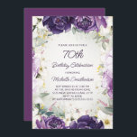 Elegant Purple White Floral Glitter 70th Birthday Invitation<br><div class="desc">Elegant 70th birthday party invitation for women with pretty white and purple hand-painted flowers and sage green leaves accented with gold glitter. Personalised with a name and all of your party information. Contact me for assistance with your customisations or to request additional matching Zazzle products for your party.</div>