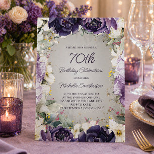 Elegant Purple White Floral Glitter 70th Birthday Invitation