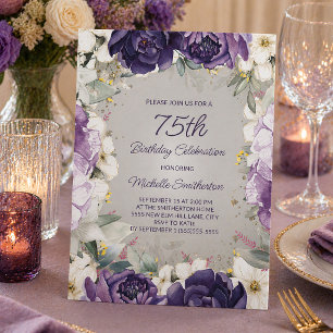 Elegant Purple White Floral Glitter 75th Birthday Invitation
