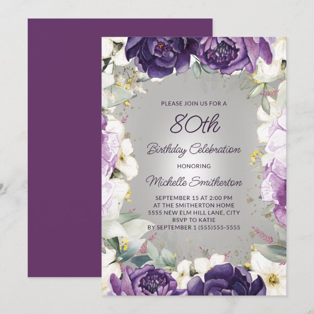 Elegant Purple White Floral Glitter 80th Birthday Invitation (Front/Back)