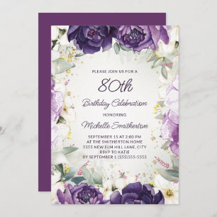 Elegant Purple White Floral Glitter 80th Birthday Invitation