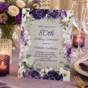 Elegant Purple White Floral Glitter 80th Birthday Invitation