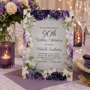 Elegant Purple White Floral Glitter 90th Birthday Invitation