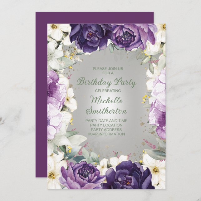 Elegant Purple White Floral Glitter Birthday Invitation (Front/Back)