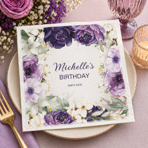 Elegant Purple White Floral Glitter Birthday Name  Napkin