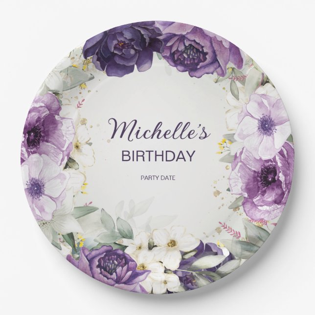 Elegant Purple White Floral Glitter Birthday Name Paper Plate (Front)