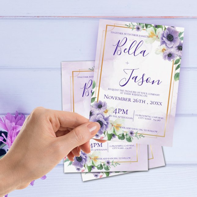 Elegant Purple White Floral Gold Frame Wedding Invitation (Creator Uploaded)