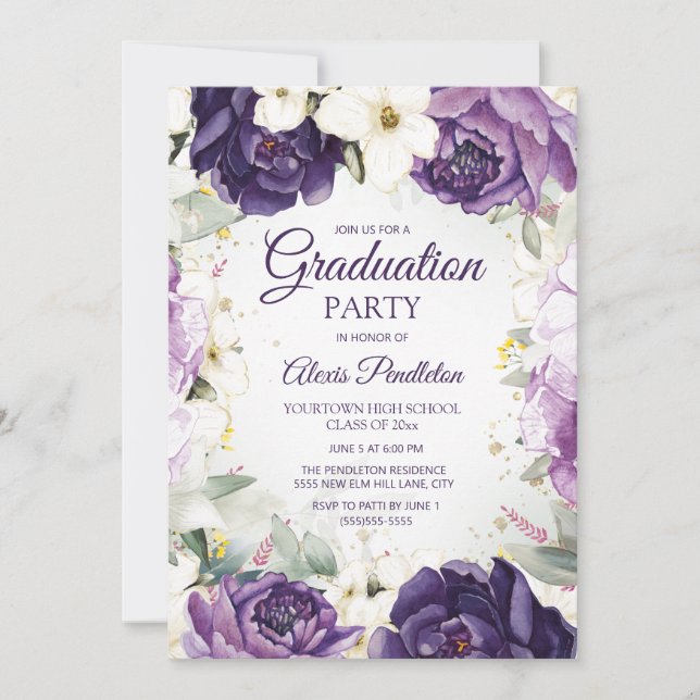 Elegant Purple White Floral Graduation Invitation (Front)