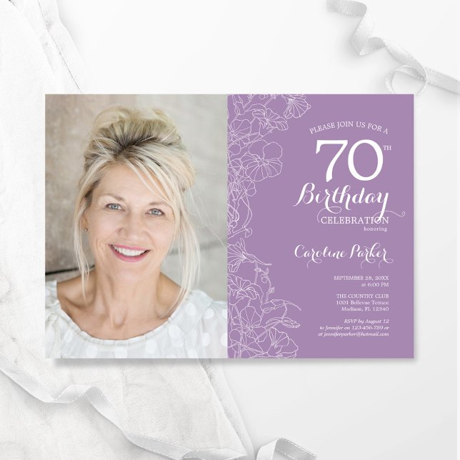 Elegant Purple White Floral Photo 70th Birthday Invitation (Creator Uploaded)