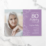 Elegant Purple White Floral Photo 80th Birthday Invitation<br><div class="desc">Lavender purple white floral 80th birthday party invitation with your photo on the front of the card. Elegant modern design featuring botanical outline drawings accents and typography script font. Simple trendy invite card perfect for a stylish female bday celebration. Can be customised to any age. Printed Zazzle invitations or instant...</div>